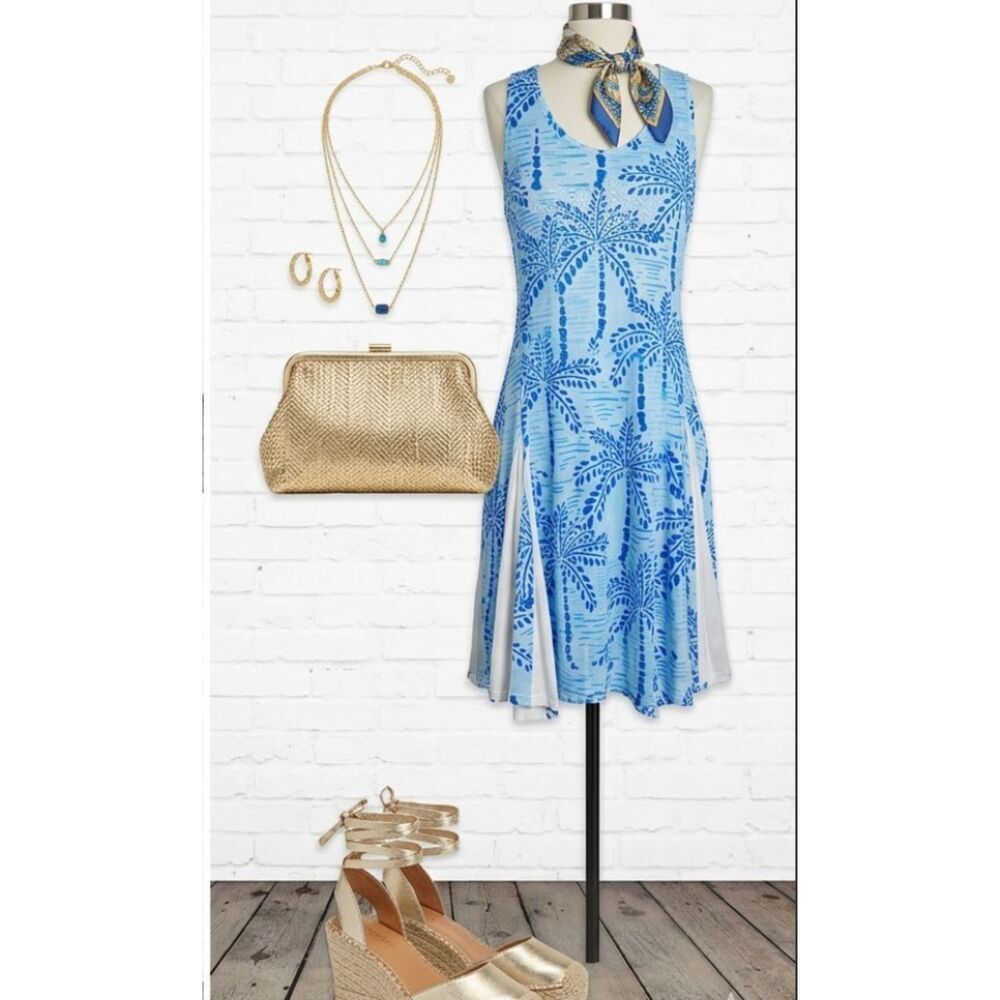India Boutique Blue White Palm Tree Dress OS NEW Sequin Embellished Lace Back
